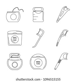 Floss dental brushing teeth icons set. Outline illustration of 9 floss dental brushing teeth vector icons for web