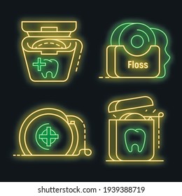 Floss dental icon set. Outline set of floss dental vector icons neon color on black