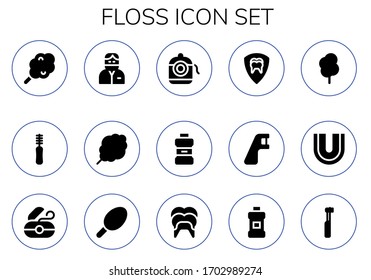 floss icon set. 15 filled floss icons.  Simple modern icons such as: Cotton candy, Floss, Dentist, Dental Mouthwash, Dental, Electric toothbrush