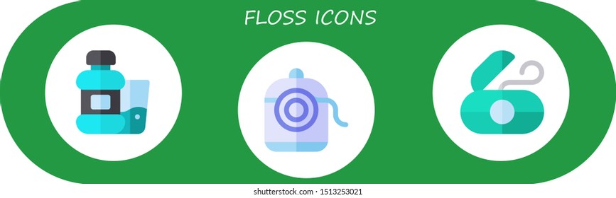floss icon set. 3 flat floss icons.  Collection Of - mouthwash, dental floss icons