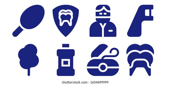 floss Symbol-Set. 8 gefüllte Floss-Symbole. Cotton-Süßigkeiten, Mundwaschen, Zahnfische, Zahnflossen, Zahnsymbole