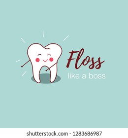 Floss like a boss. Vector illustration of dancing tooth for greeting card, t-shirt, print, stickers, posters design.