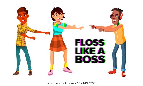 Floss Like Boss Vector Web Banner Template. Young Men And Women Dancing Floss Characters. Teenagers Performing Modern Trendy Dance. Multiethnic Students, Friends Having Fun Flat Illustration