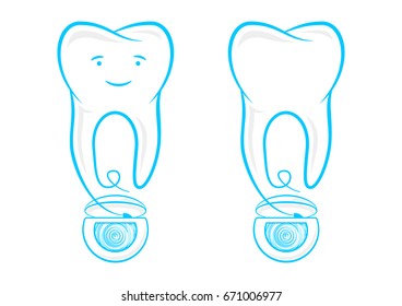 Floss string with tooth vector illustration. Thread for tooth cleaning (hygiene, flossing) graphic design. Dental floss for daily teeth healthcare creative concept.