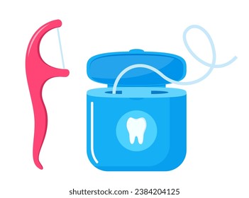 Destitución de pérdida, hilo dental, atención médica y odontológica. Hilo de seda floja para limpiar entre los dientes después de comer. Ilustración del vector