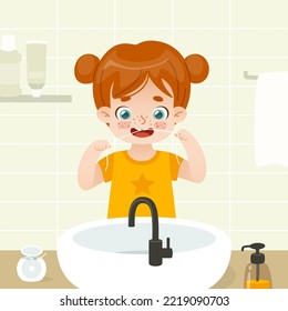 Flossing cartoon girl. Cute kid using dental floss in bathroom. Adorable flossing baby girl.