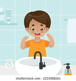 Flossing cartoon kid. Cute boy using dental floss in font of the sink. Adorable flossing baby boy in bathroom.