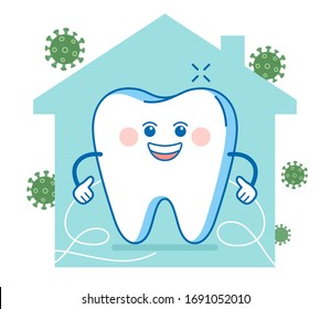 Flossing teeth at home. Self-isolation, quarantine due to prevent spreading coronavirus. Don't forget to floss your teeth, take care of yourself. Dental care and hygiene Illustration or concept.