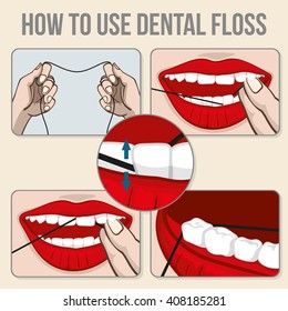 Flossing Teeth Vector Infographics. Hygiene Flossing Tooth, Medicine Dental Flossing And Oral Care Vector Illustration