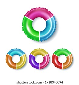 Flotation Ring For Swimming Pool Tool Set Vector. Collection Of Different Multicolored Emergency Flotation Hoop, Children Safe Life Equipment For Swim In Pool. Template Realistic 3d Illustrations