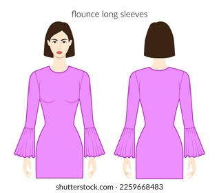 Flounce sleeves long length clothes character beautiful lady in purple top, shirt, dress technical fashion illustration, fitted. Flat apparel template front, back sides. Women, men unisex CAD mockup