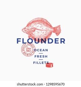 Flounder Fillets Abstract Vector Sign, Symbol or Logo Template. Hand Drawn Flat Fish with Premium Modern Typography, Quality Seal and Tin Can Silhouette. Stylish Vector Emblem Concept. Isolated.