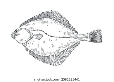 Flounder fish black white vector illustration. Flatfish, Halibut engraving sketch hand drawn. Turbot sea fish painted ink etch art. Brill fish monochrome drawing. Element for label, sign board.