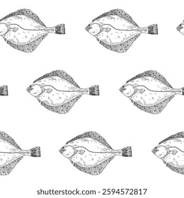 Flounder fish black white vector seamless pattern. Flatfish, halibut engraving sketch hand drawn. Turbot sea fish engraving repeated texture. Fish monochrome background design textile, packaging.