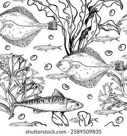 Flounder fish, coral reefs, and seaweed black white vector seamless pattern. Ocean life monochrome print hand drawn. Flatfish, mackerel and marine plants for fabric, packaging, scrapbooking design.