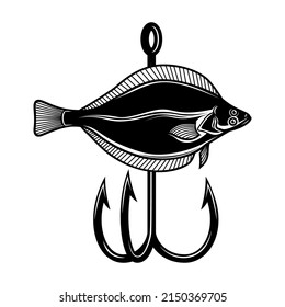 flounder  fish and crossed fishing hooks. Design element for logo, emblem, sign, poster, t shirt. Vector illustration
