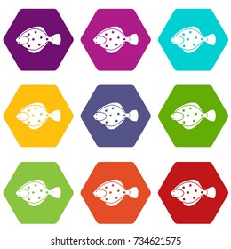 Flounder fish icon set many color hexahedron isolated on white vector illustration