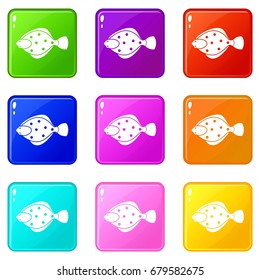 Flounder fish icons of 9 color set isolated vector illustration