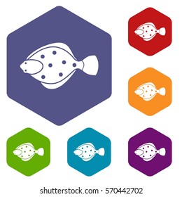 Flounder fish icons set rhombus in different colors isolated on white background