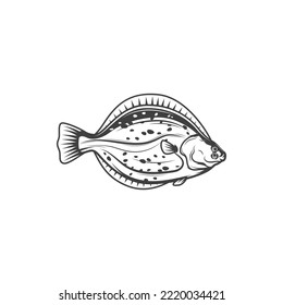 Flounder fish, sea food and fishing vector icon. Ocean flatfish flounder, cuisine cooking food or marine restaurant menu fish, fishery market catch in flat line