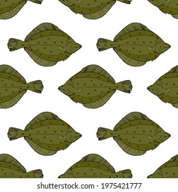 Flounder fish seamless pattern. Hand drawn vector fish. Sea, river or ocean fish. Design for fishing catch or fisher sport club. Fish market, menu seafood. Design template, banner