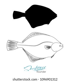 Flounder fish silhouette. Linear silhouette sea fish. Vector illustration. Icon badge flounder fish for design seafood packaging and market. Edible sea food