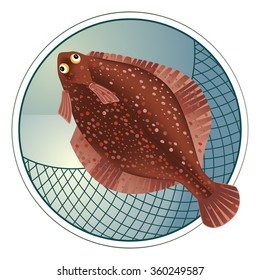 Flounder Fish and Tackle on the background of the river. Banners, design, advertising, menu, vector illustration.