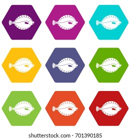 Flounder icon set many color hexahedron isolated on white vector illustration