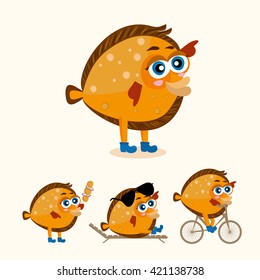 flounder. nice, charming fish. vector illustration. Isolated. fish riding a bicycle. 