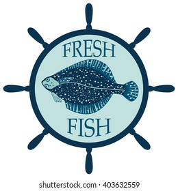 Flounder on the background of the wheel, icon. Vector illustration.