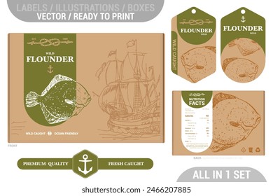 Flounder seafood Premium quality package design set featuring modern hand drawn illustrations and labels set. Seafood in old cartoon style