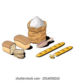 Flour bag, baguette roll, white bread. Vector 3d sketch line isometric, color icon illustration, flat style. Creative design idea and elements for infographics and website.