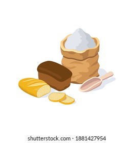 Flour bag black bread and loaf. Vector 3d isometric, color web or print icons, new flat style. Creative illustration, idea for infographics.