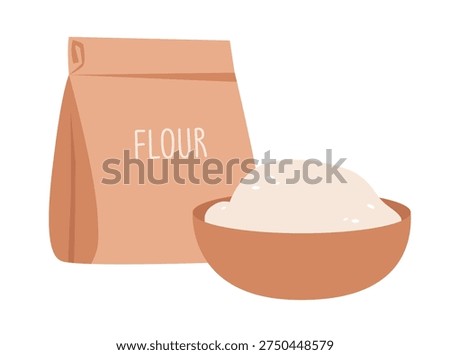 Flour Bag and Bowl with Baking Flour. Simple kitchen ingredient concept for cooking, baking and homemade bread preparation. Homemade bakery concept.