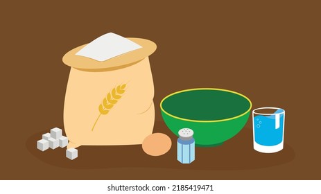 Flour Bag, Bowl, Glass Of Water, Egg, Salt