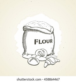 Flour bag and bread. Hand drawn style. 
