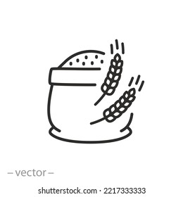 flour bag icon, sack and wheat ears, thin line symbol on white background - editable stroke vector illustration eps10