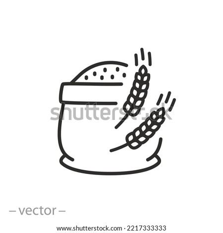 flour bag icon, sack and wheat ears, thin line symbol on white background - editable stroke vector illustration eps10