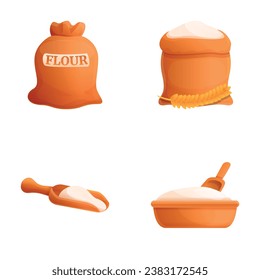 Flour bag icons set cartoon vector. Wheat flour in sack and bowl. Product, food