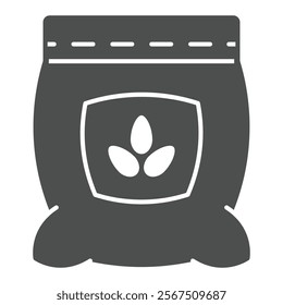 Flour bag with leaves solid icon, wheat production concept. Vector graphics. Wheat grain on packet sign on white background, glyph style icon for mobile or web design