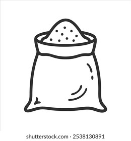 Desenho de linha de saco de farinha - Ilustração de contorno simples, Saco de farinha, Ícone de alimento minimalista, Armazenamento de grãos, Símbolo de ingrediente de padaria