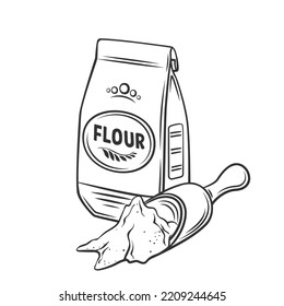 Flour bag and scoop outline icon vector illustration. Black line paper sack and spoon full of wheat or rice flour, pouch with oatmeal or cornmeal for cooking pastry, making bread dough or cake