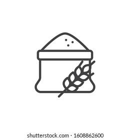 Flour bag and spike of wheat line icon. linear style sign for mobile concept and web design. Open flour sack outline vector icon. Pastry shop symbol, logo illustration. Vector graphics