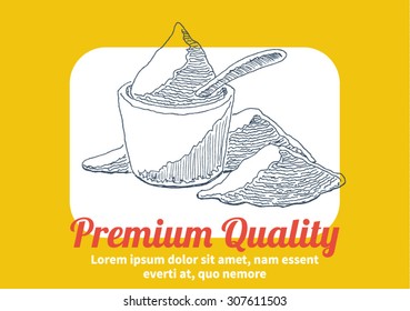 Flour bag with spoon, in poster, flyer or template with text, in engraving etching sketch hand drawing style, for farm and  agriculture design