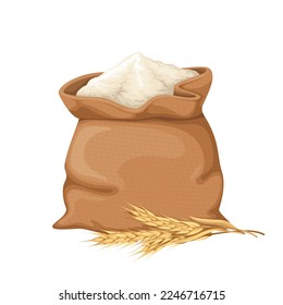 Flour bag vector illustration. Cartoon open big burlap brown sack with pile of flour and bundle of raw wheat spikelets with grains, storage in packaging of cereal farm harvest and product for bakery