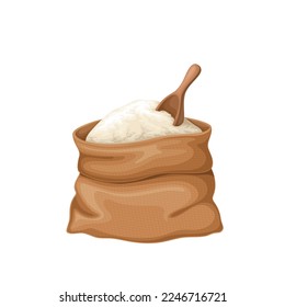 Flour bag vector illustration. Cartoon burlap brown old sack with wheat flour and wooden scoop, farm packaging with organic cereal ingredient for baking bread in bakery, cooking meal in kitchen