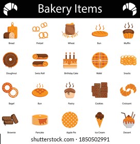 Flour based food Icon Set, Bakery and Confectionery items symbol on White background, Baked goods Vector illustration, Breakfast Menu Design, Cafe Menu Signs