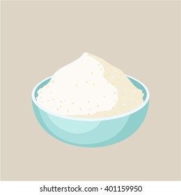 Flour bowl. Baking Ingredients. Healthy organic food. Cartoon vector. Kitchen utensils cup. Dough cooking. 