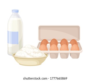 Flour in Bowl and Bottle of Milk as Baking Ingredients Vector Illustration