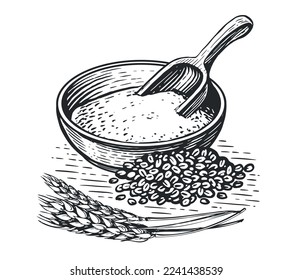 Flour in bowl, wheat grains, wooden scoop and ears of wheat. Healthy Food. Vintage vector illustration in sketch style